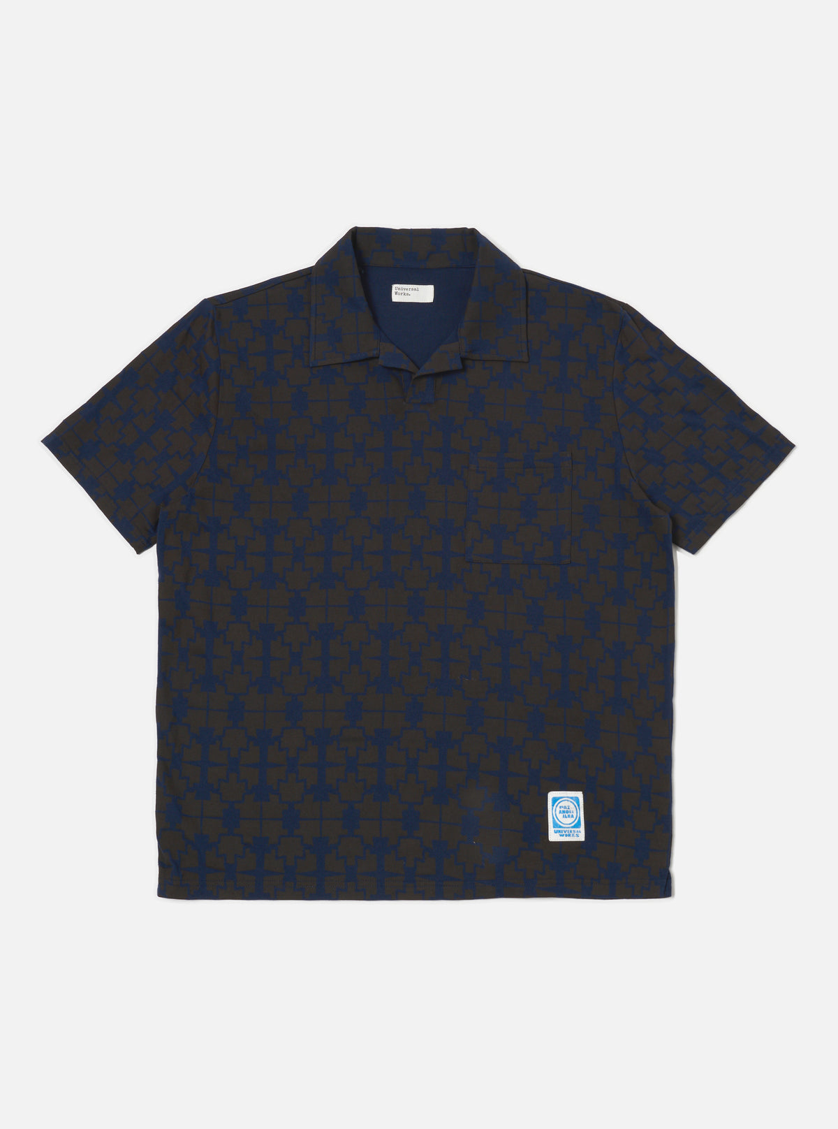 Universal Works Newlyn Polo Tee in Navy/Brown Mitla Print Jersey