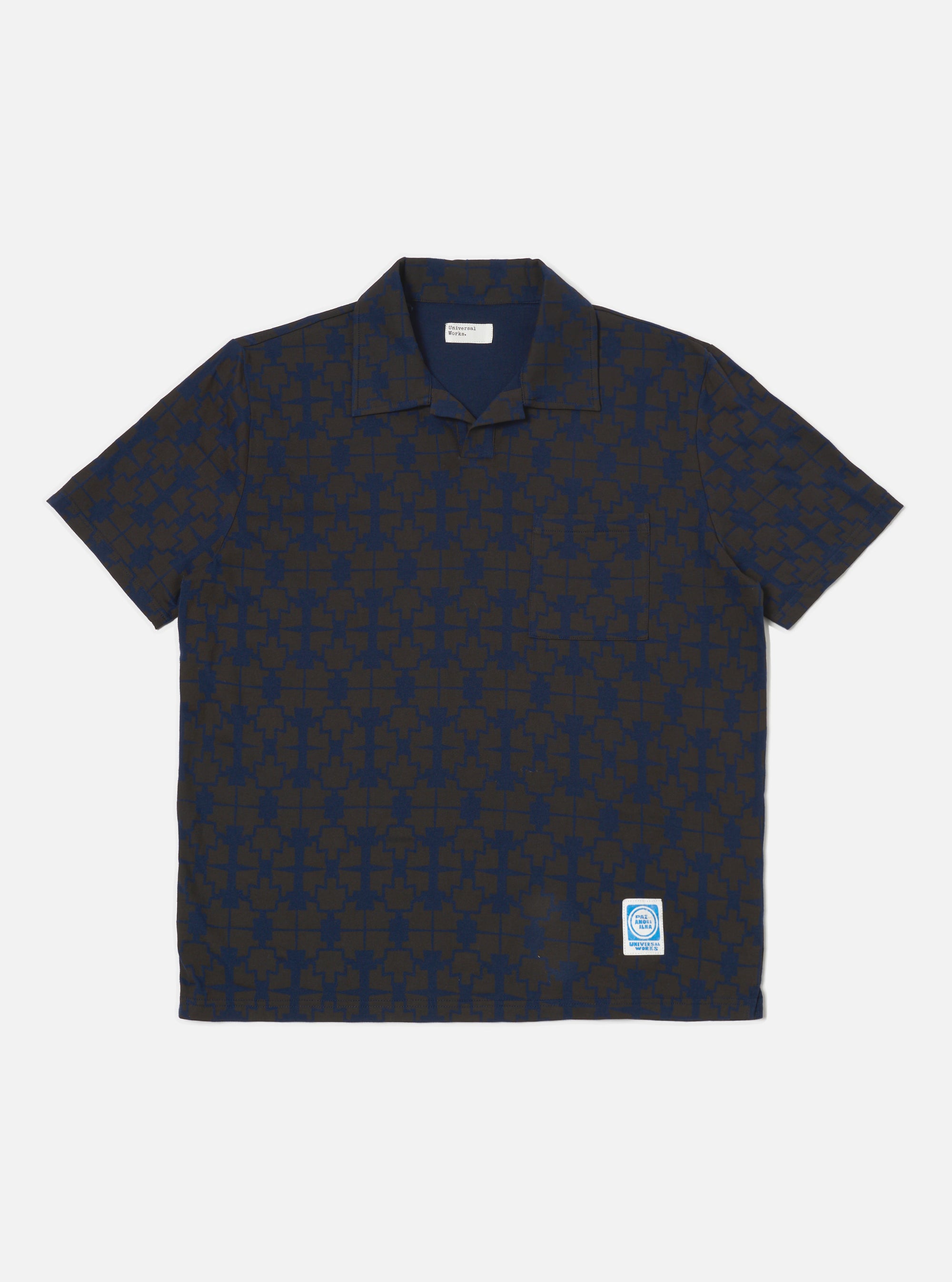 Universal Works Newlyn Polo Tee in Navy/Brown Mitla Print Jersey