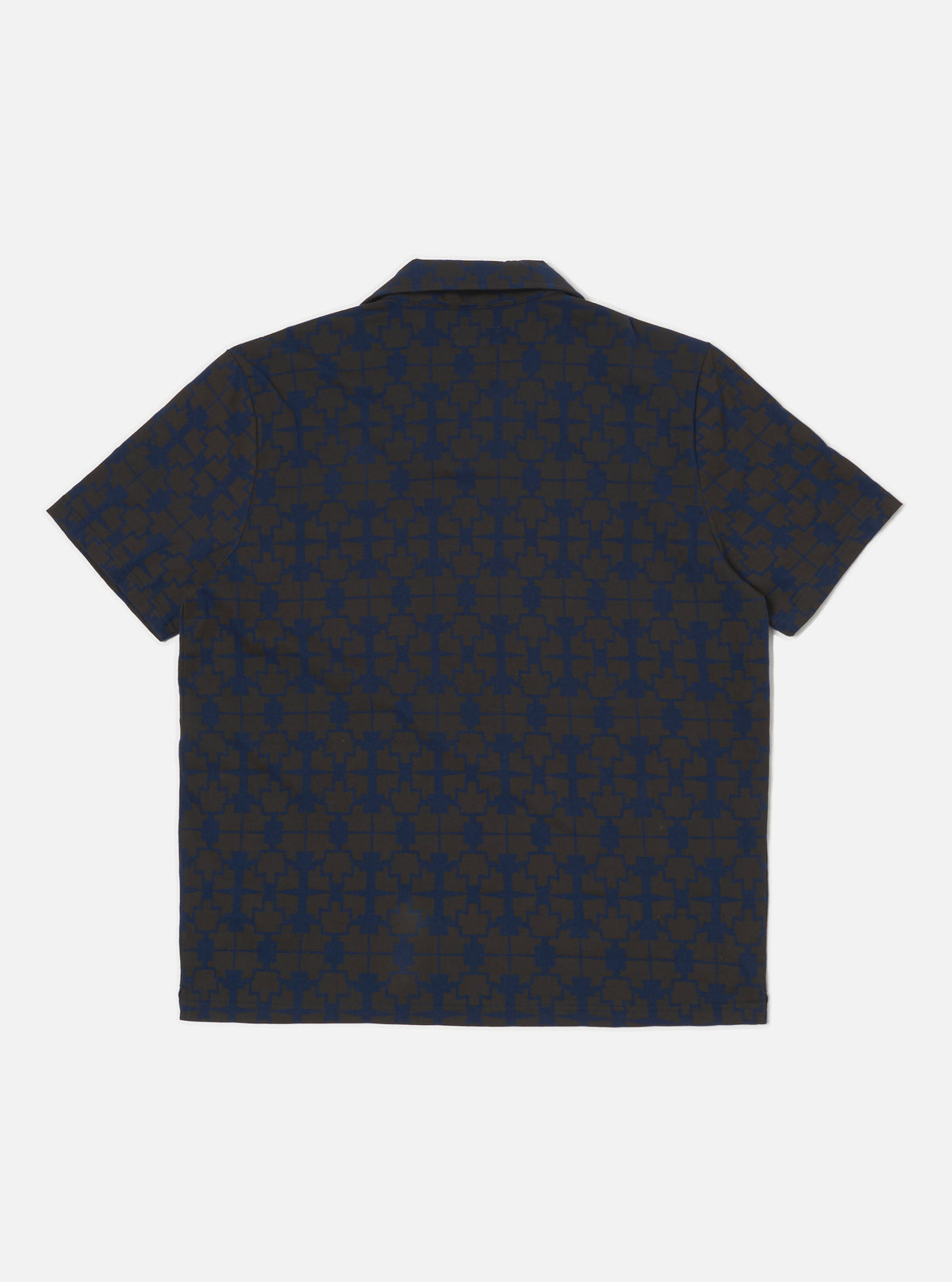 Universal Works Newlyn Polo Tee in Navy/Brown Mitla Print Jersey