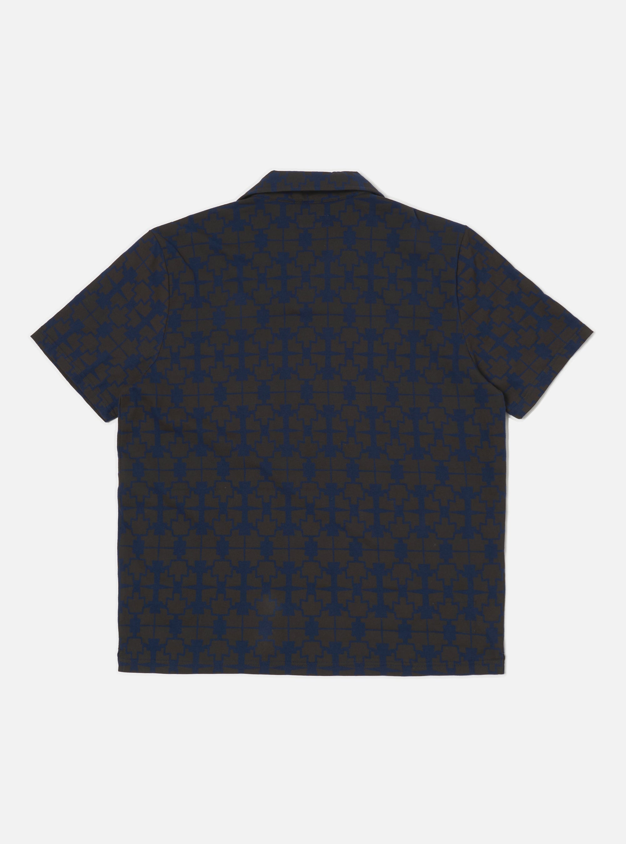 Universal Works Newlyn Polo Tee in Navy/Brown Mitla Print Jersey
