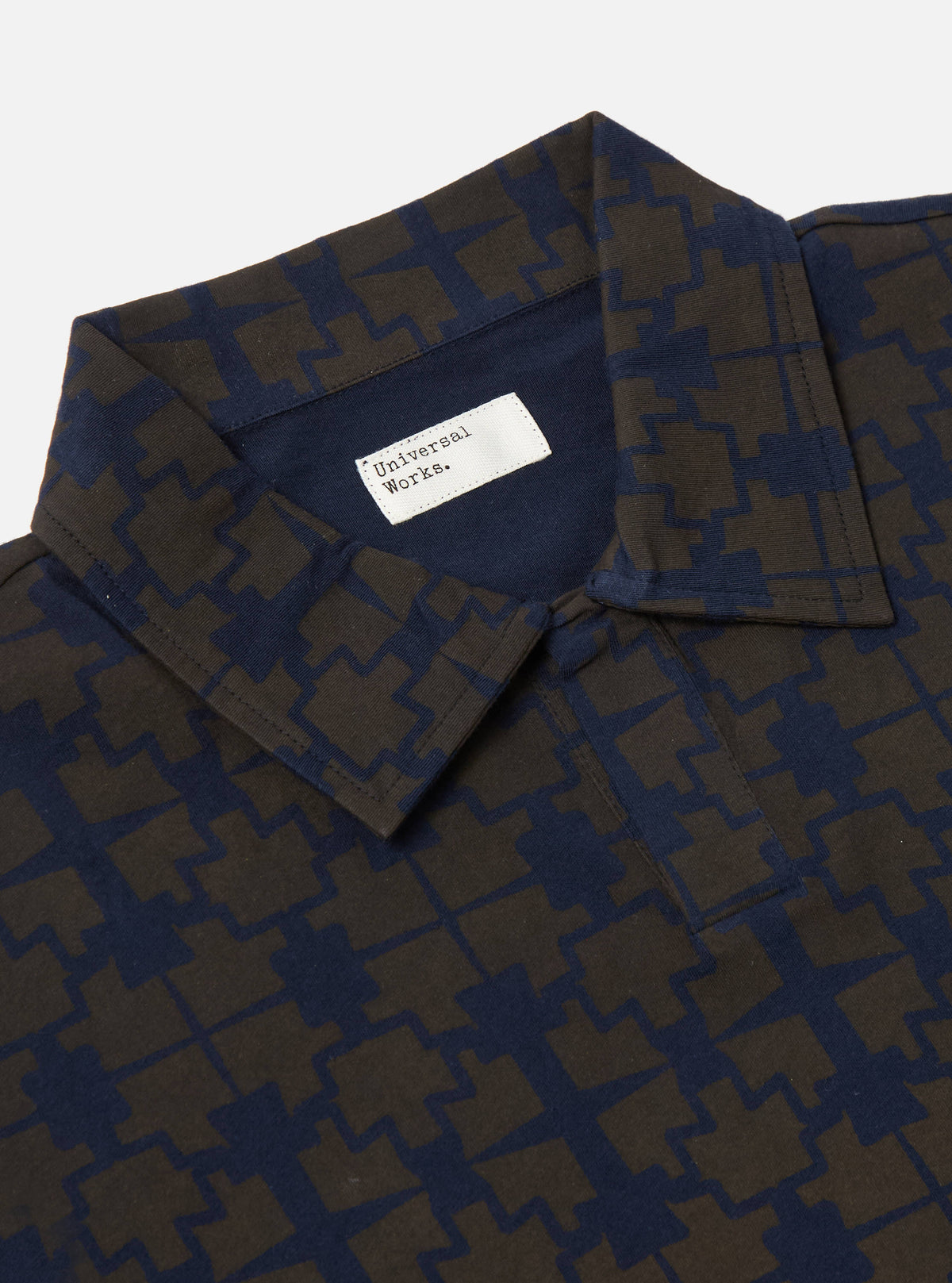 Universal Works Newlyn Polo Tee in Navy/Brown Mitla Print Jersey