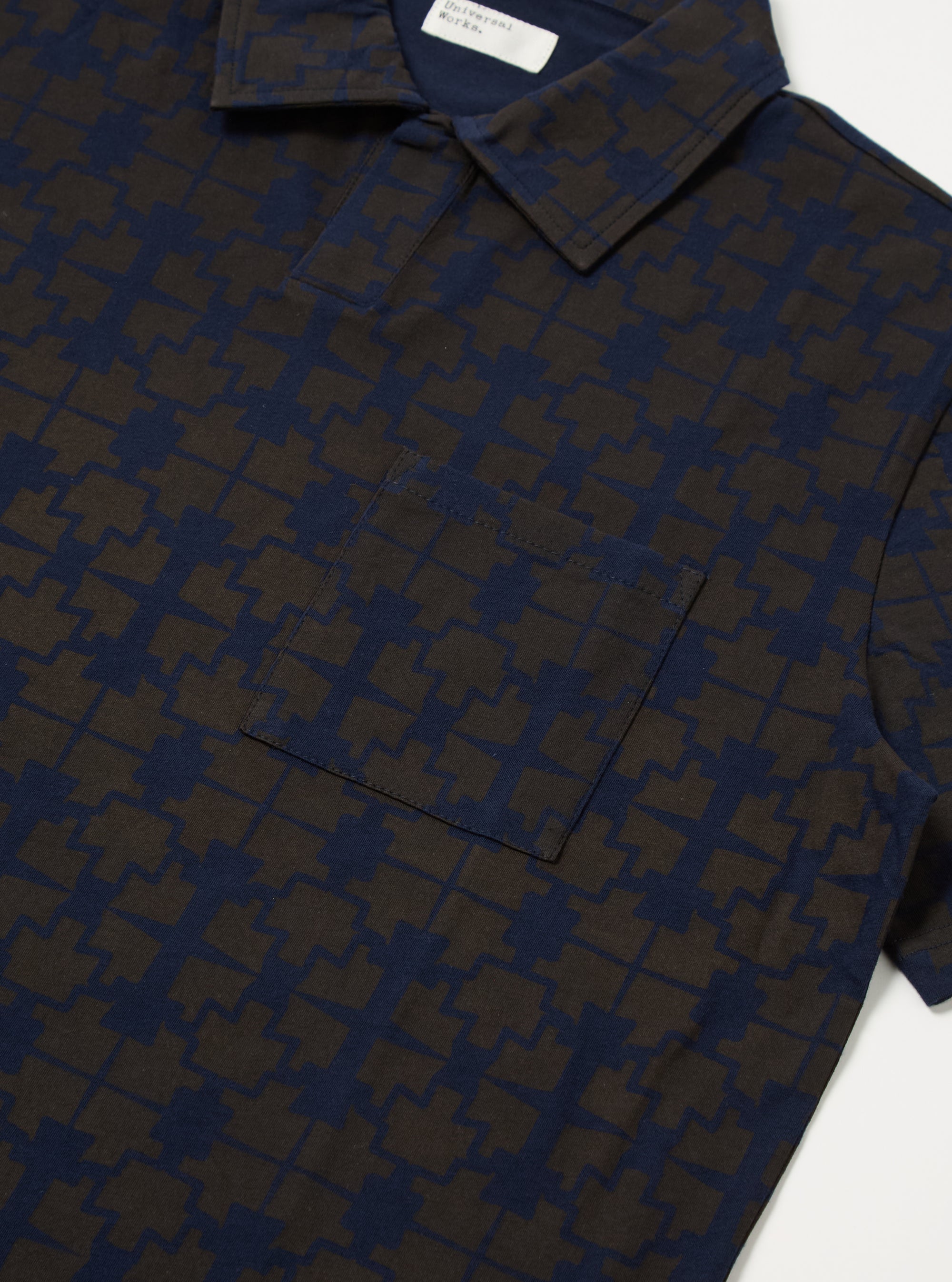 Universal Works Newlyn Polo Tee in Navy/Brown Mitla Print Jersey