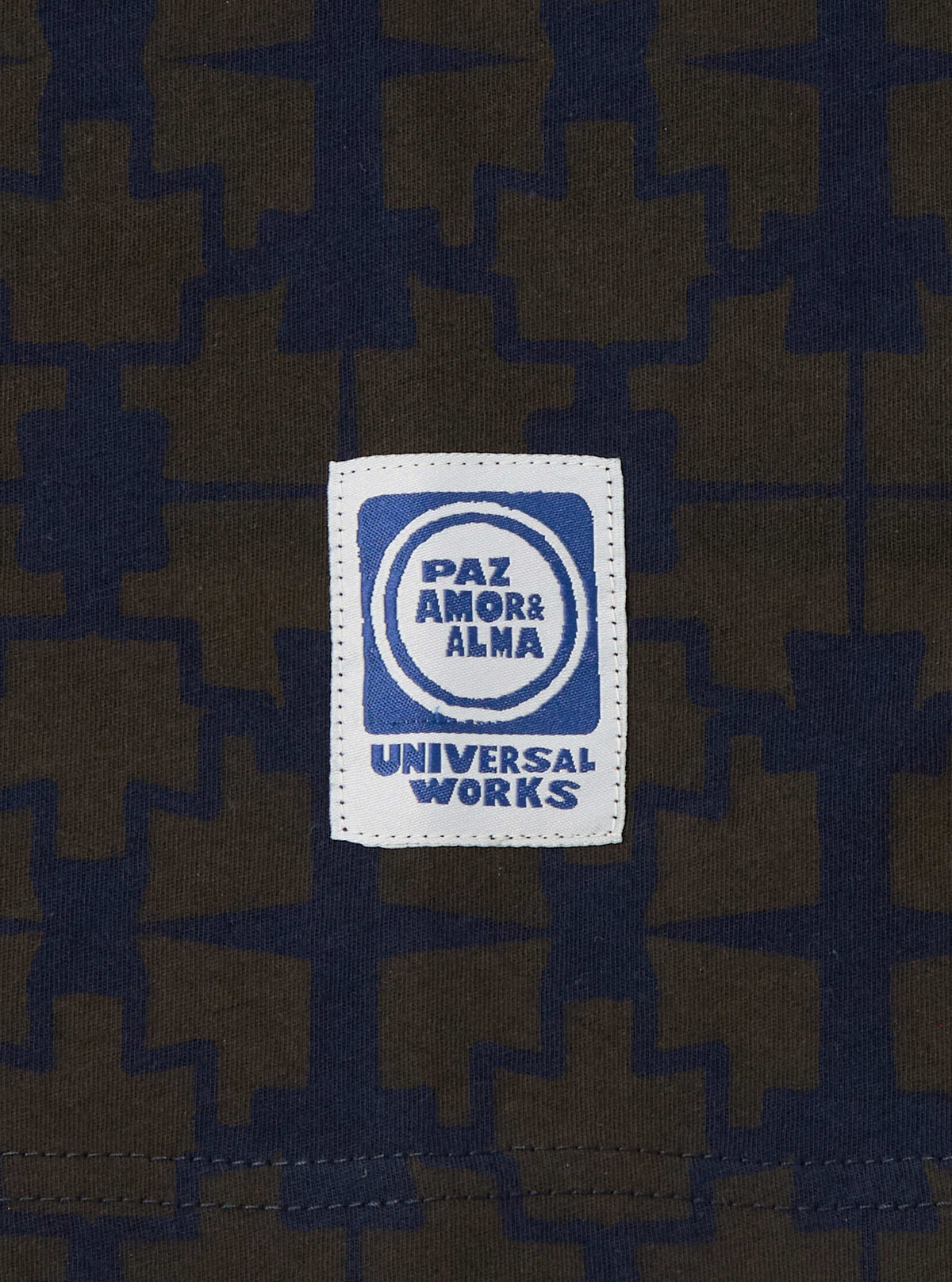 Universal Works Newlyn Polo Tee in Navy/Brown Mitla Print Jersey