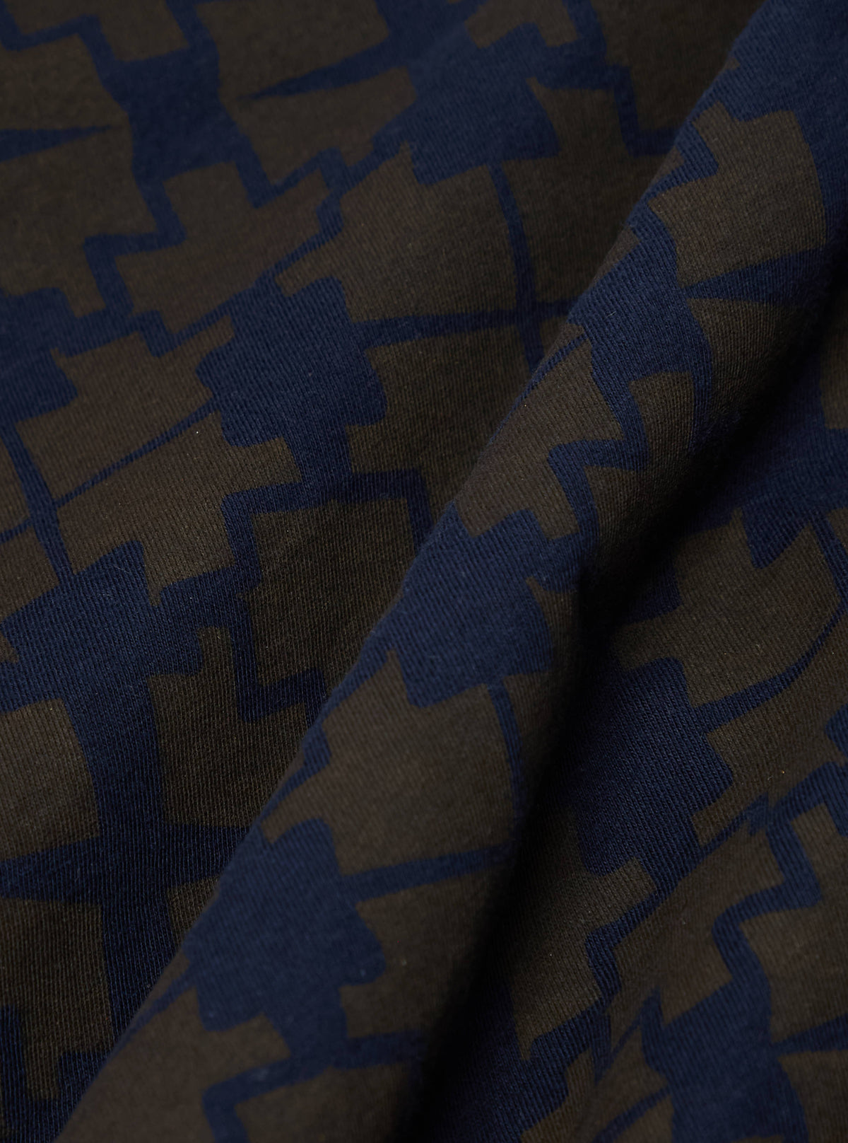 Universal Works Newlyn Polo Tee in Navy/Brown Mitla Print Jersey