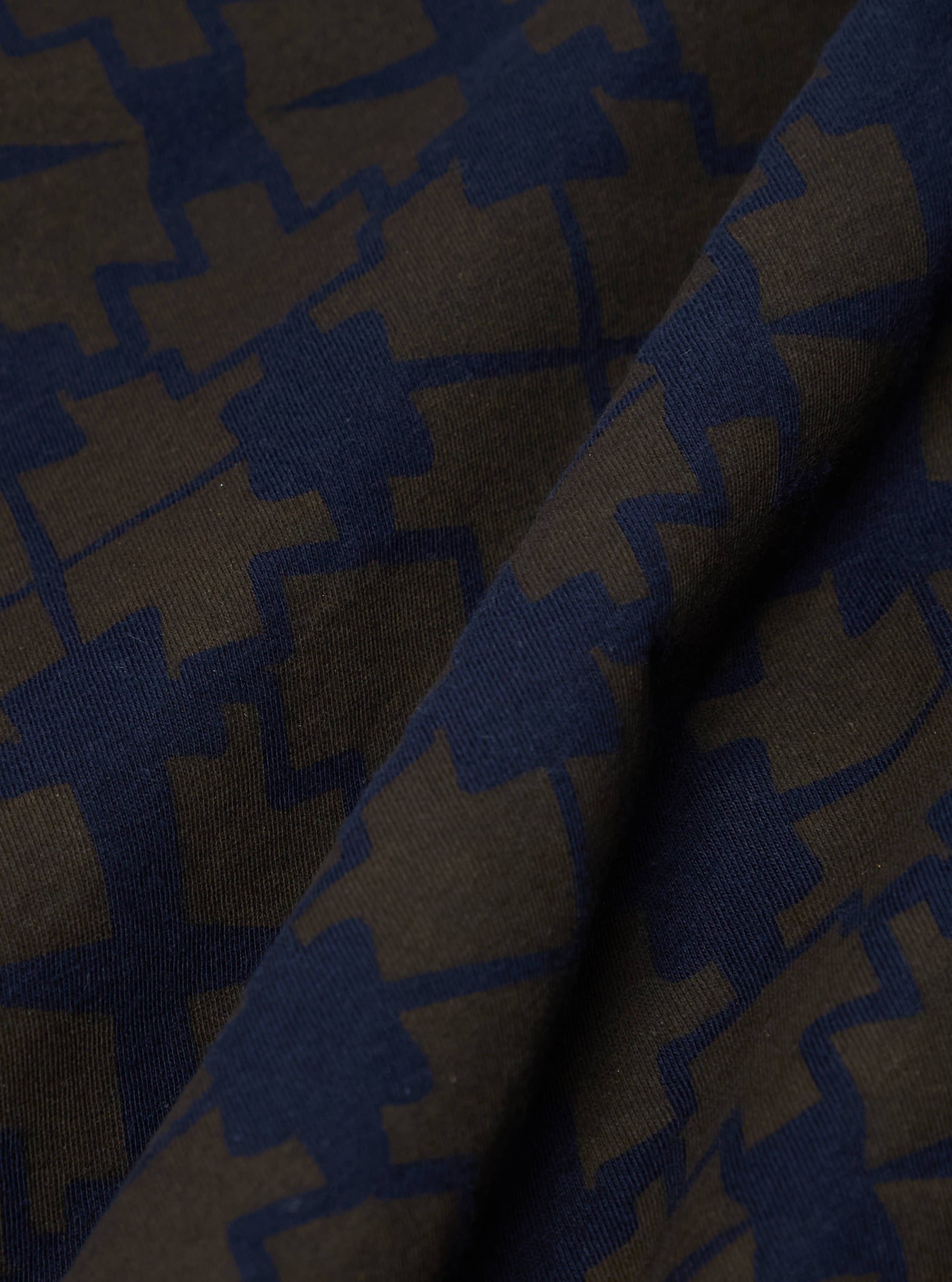 Universal Works Newlyn Polo Tee in Navy/Brown Mitla Print Jersey