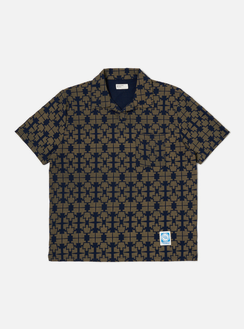 Universal Works Newlyn Polo Tee in Navy/Mud Mitla Print Jersey