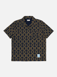 Universal Works Newlyn Polo Tee in Navy/Mud Mitla Print Jersey