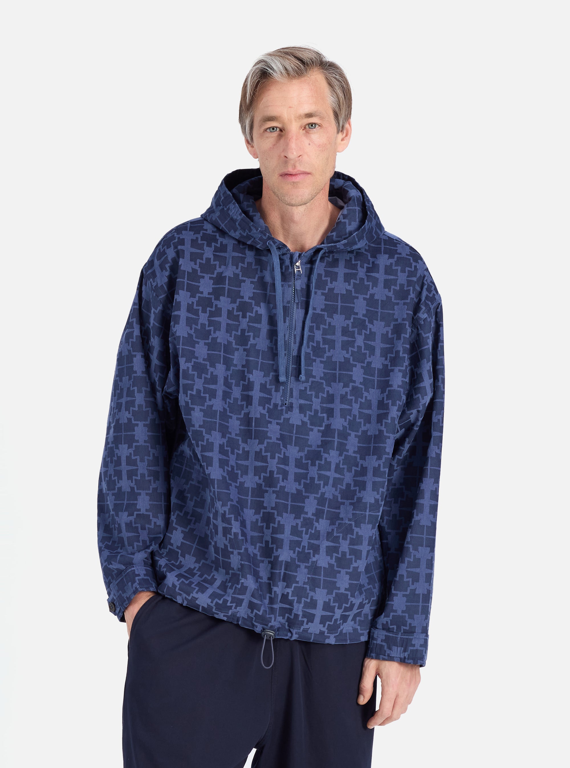 Universal Works Liam Jacket in Navy Mitla Print Cord