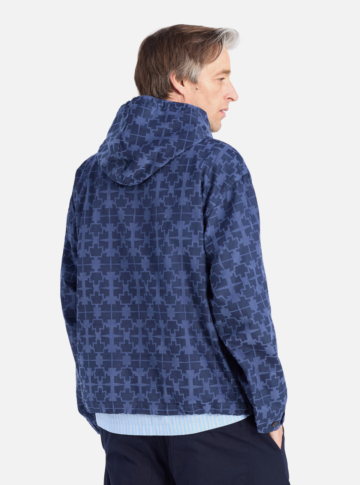 Universal Works Liam Jacket in Navy Mitla Print Cord