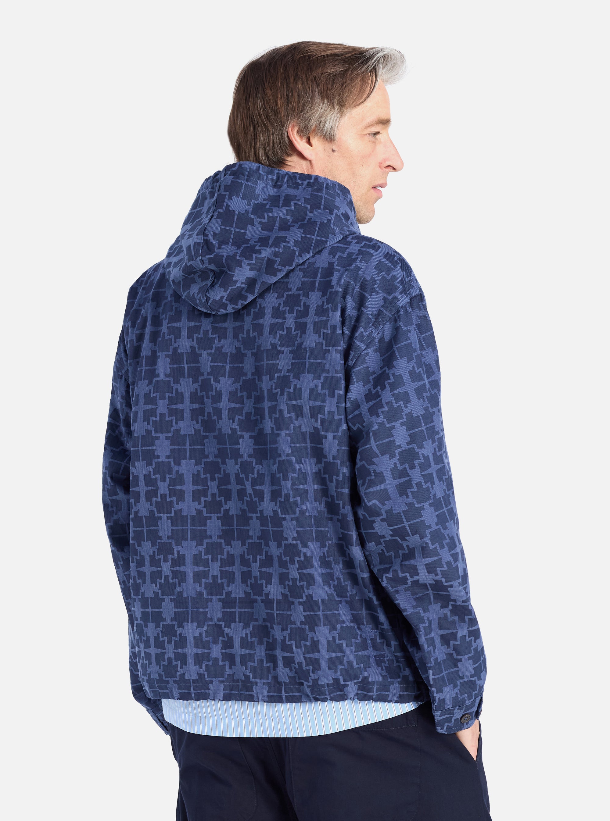 Universal Works Liam Jacket in Navy Mitla Print Cord