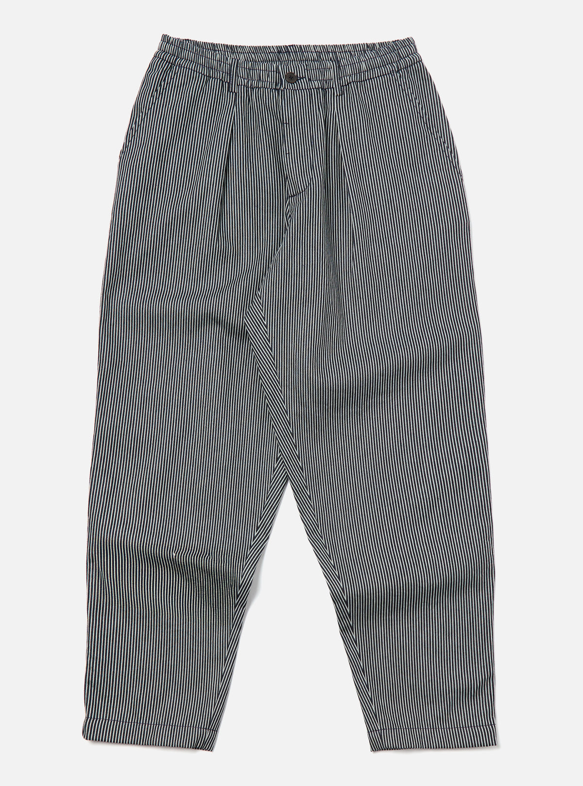 Universal Works Pleated Track Pant in Indigo Hickory Stripe Denim