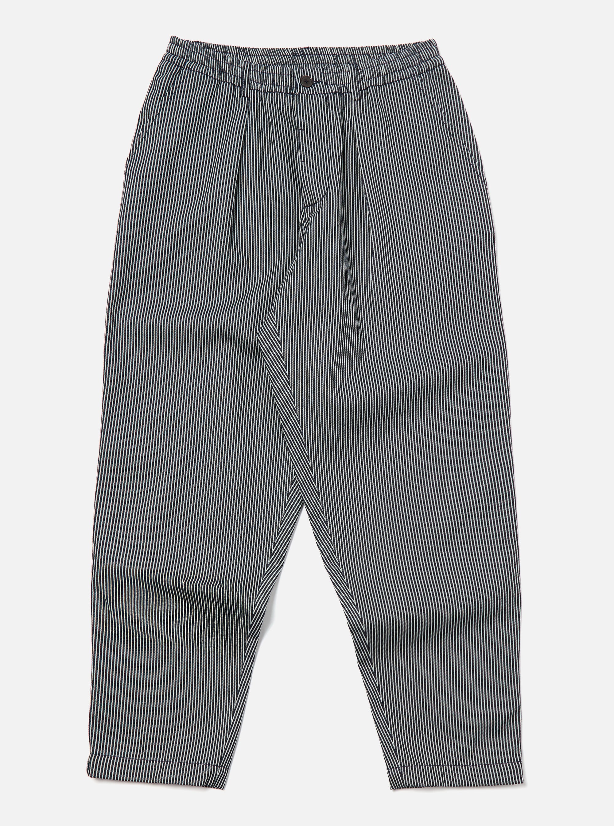Universal Works Pleated Track Pant in Indigo Hickory Stripe Denim