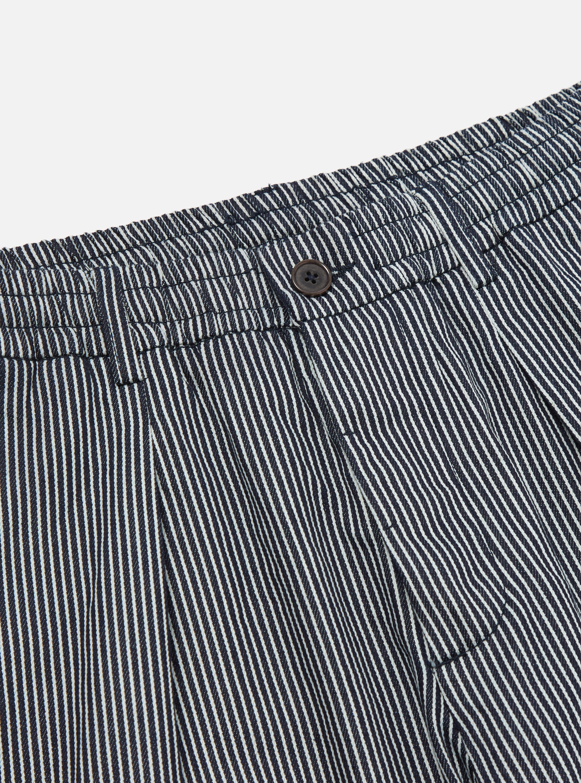 Universal Works Pleated Track Pant in Indigo Hickory Stripe Denim