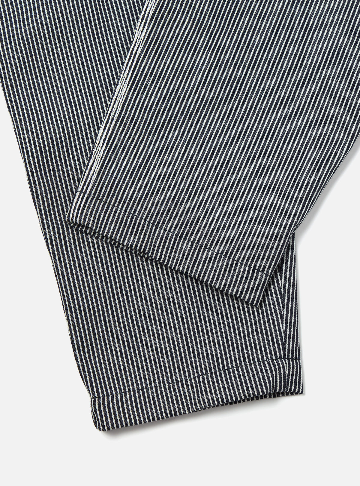 Universal Works Pleated Track Pant in Indigo Hickory Stripe Denim