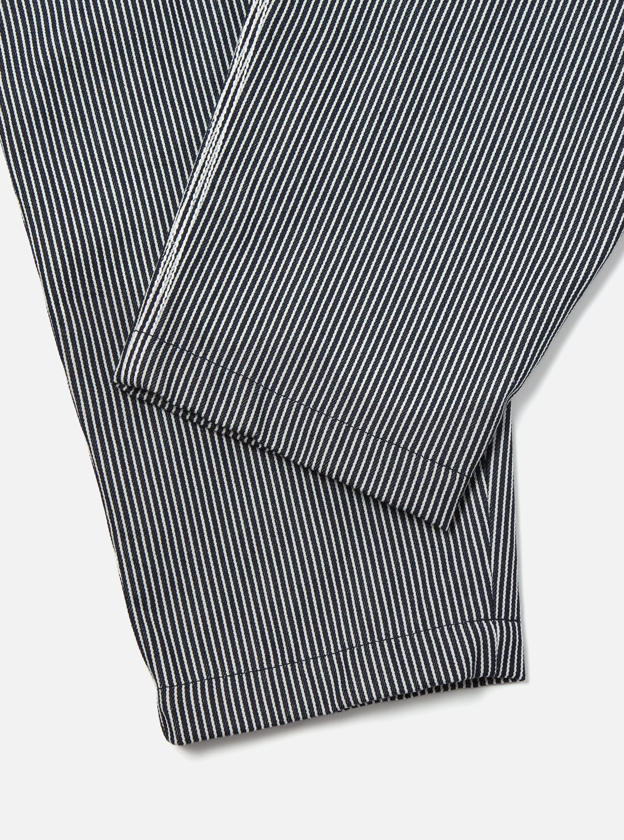 Universal Works Pleated Track Pant in Indigo Hickory Stripe Denim