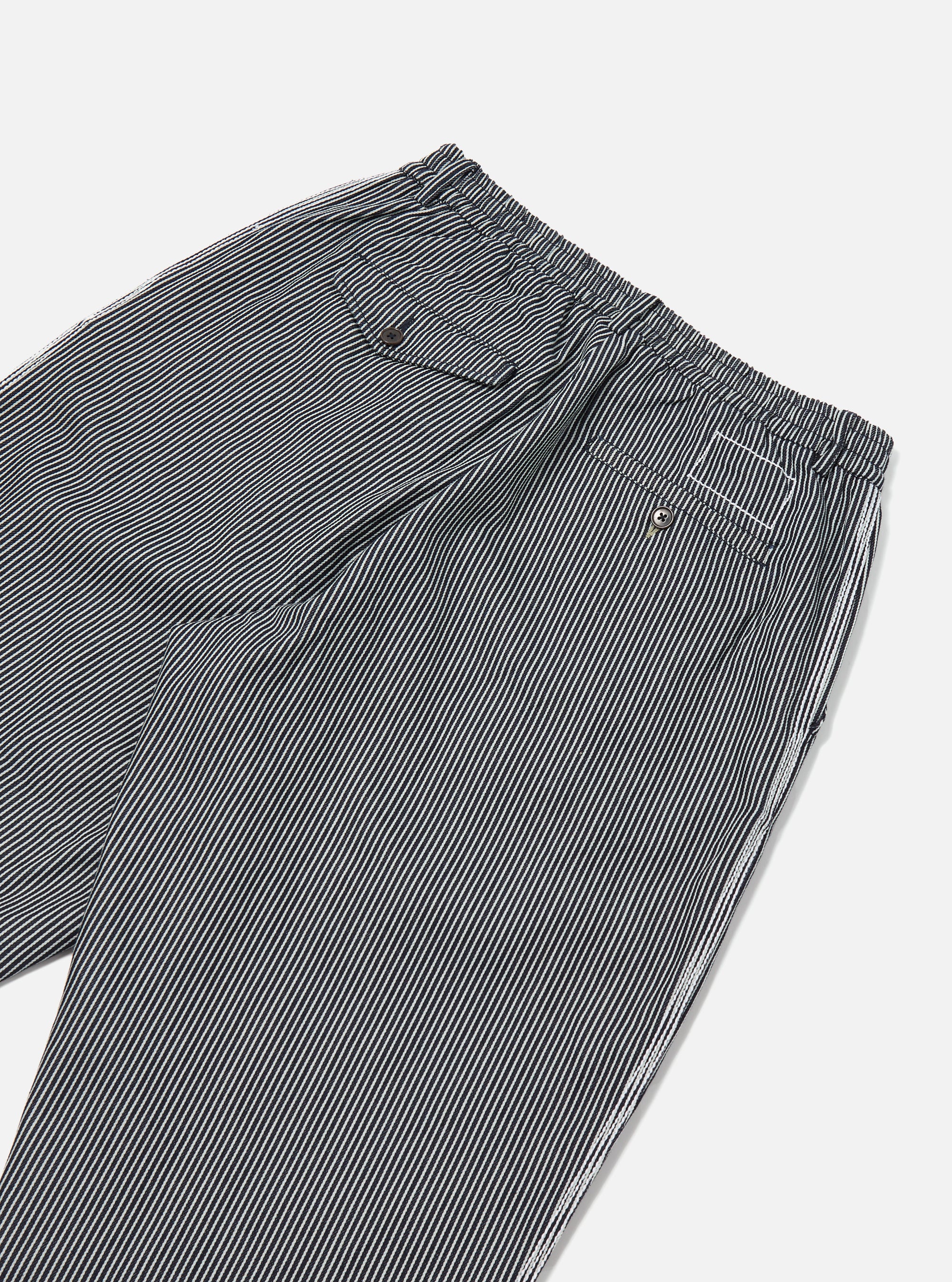 Universal Works Pleated Track Pant in Indigo Hickory Stripe Denim