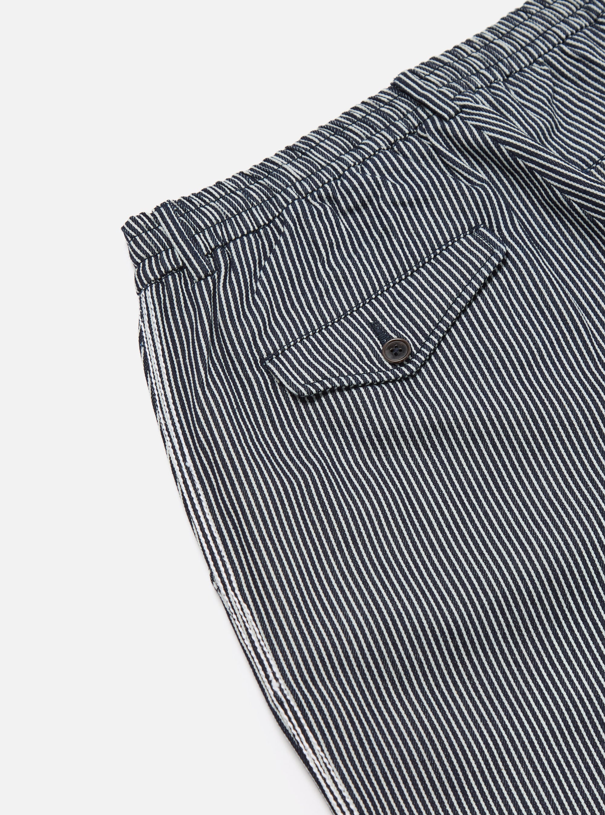 Universal Works Pleated Track Pant in Indigo Hickory Stripe Denim