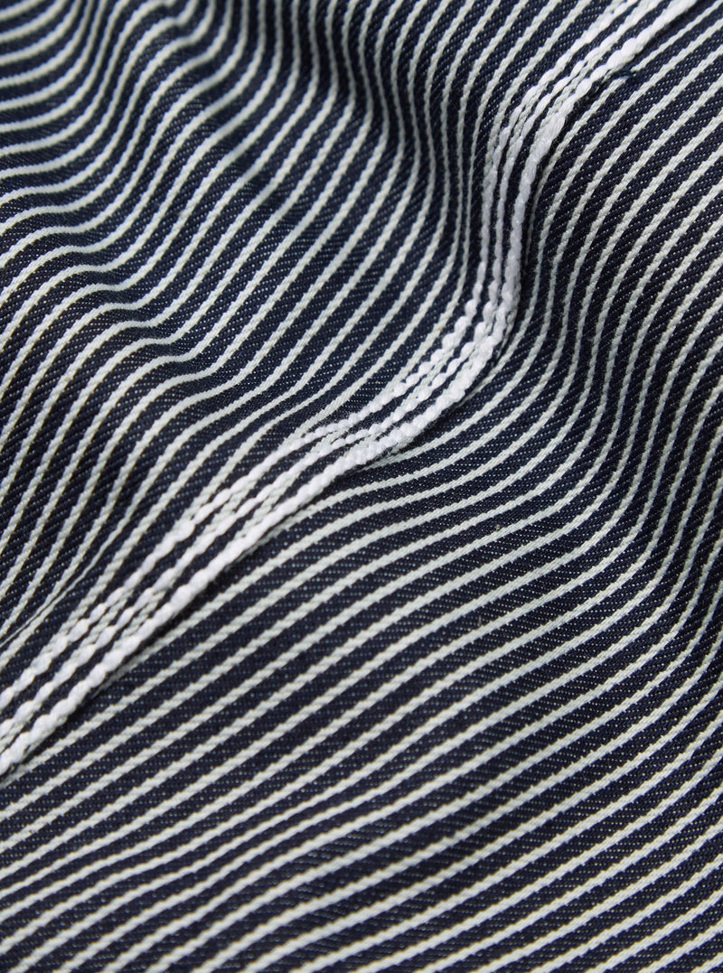 Universal Works Pleated Track Pant in Indigo Hickory Stripe Denim