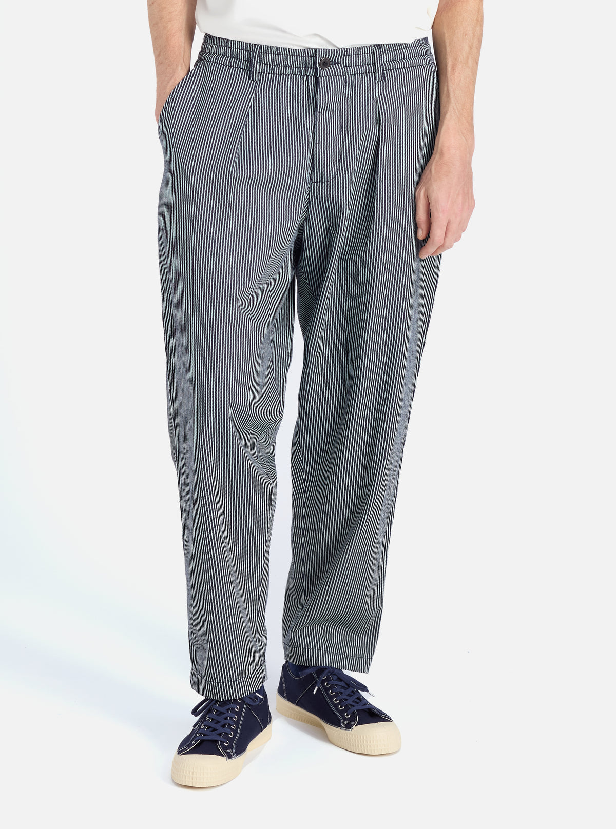 Universal Works Pleated Track Pant in Indigo Hickory Stripe Denim