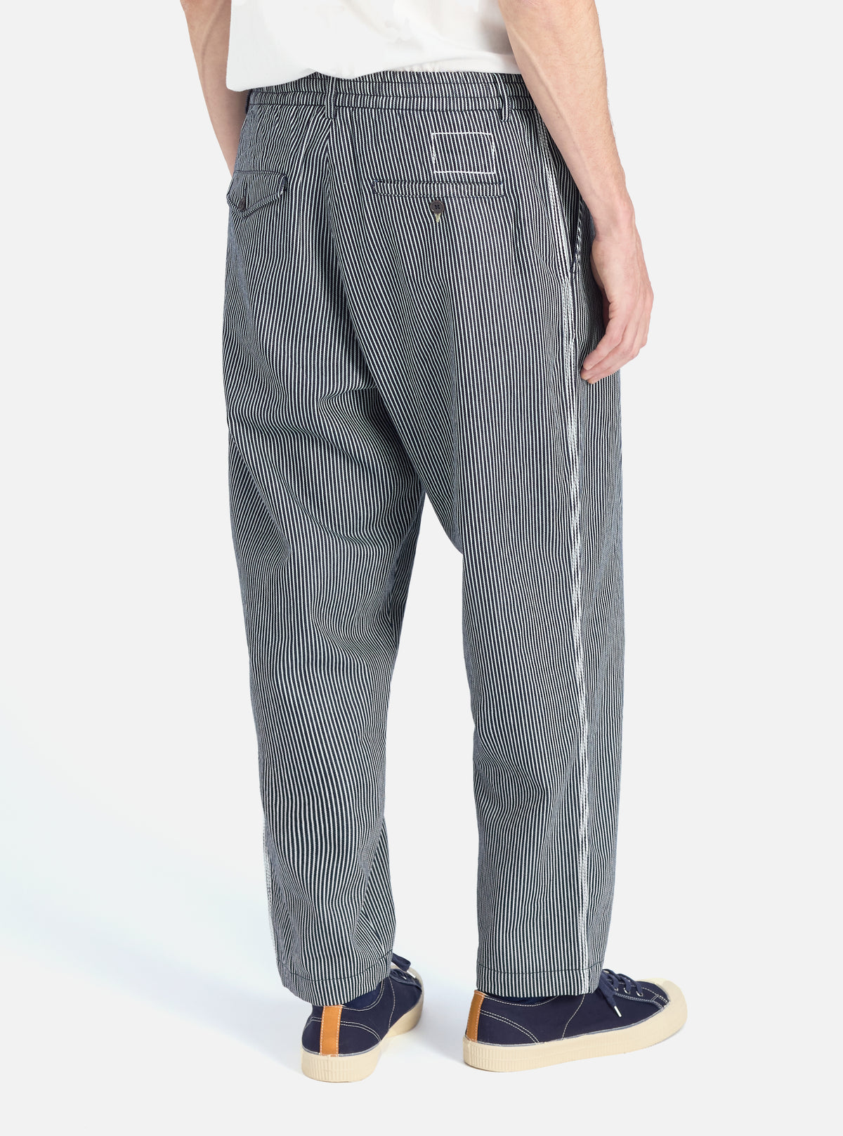 Universal Works Pleated Track Pant in Indigo Hickory Stripe Denim