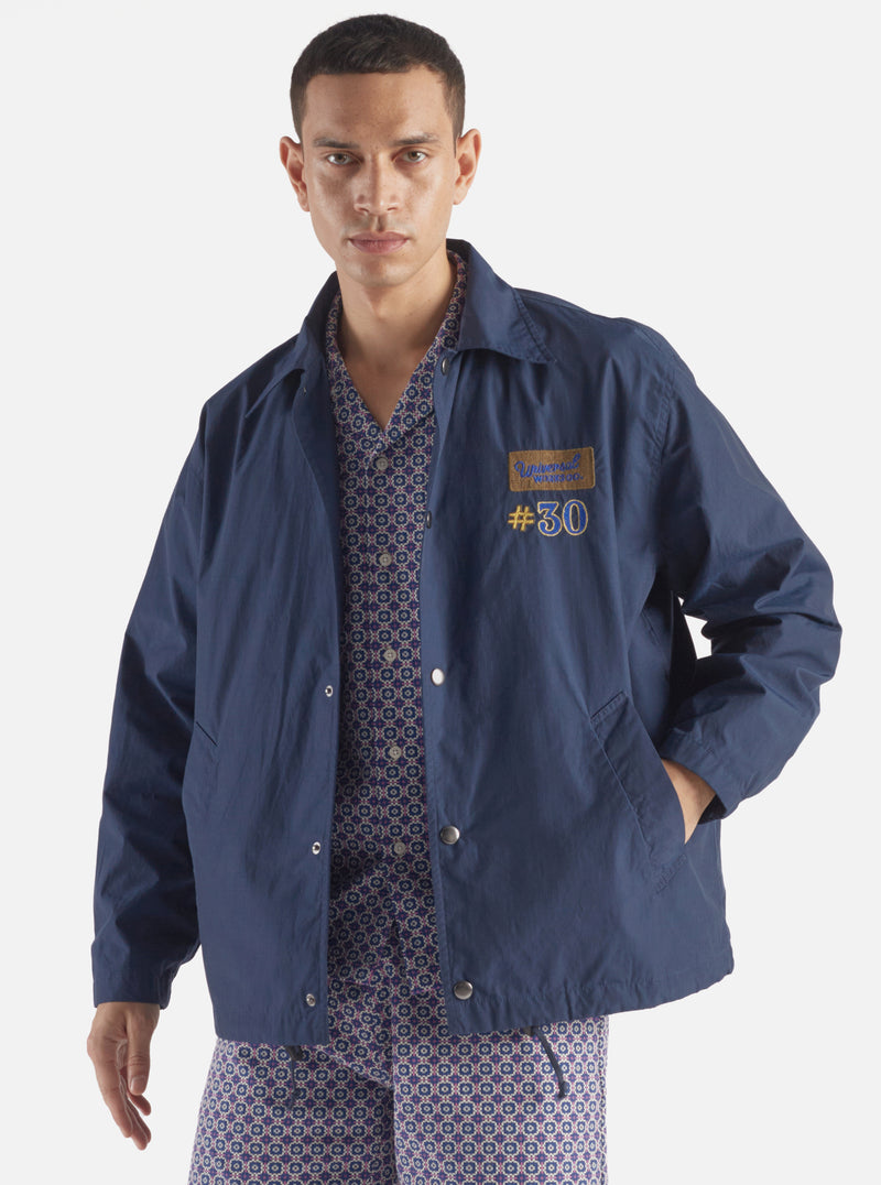 Universal Works Embroidered Head Coach Jacket in Navy Halley Ripstop
