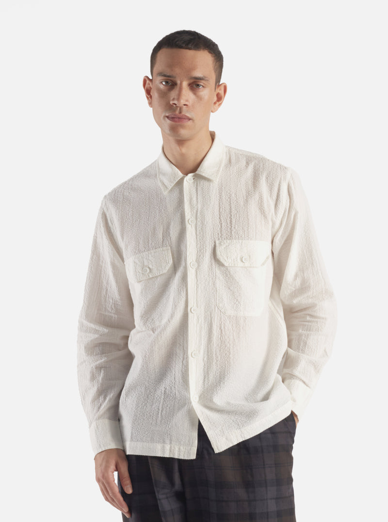 Universal Works L/S Utility Shirt in White Shin Seersucker