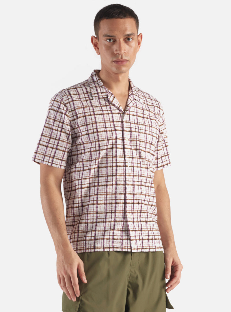 Universal Works Road Shirt in Ecru/Lilac Tie Dye Print Cotton