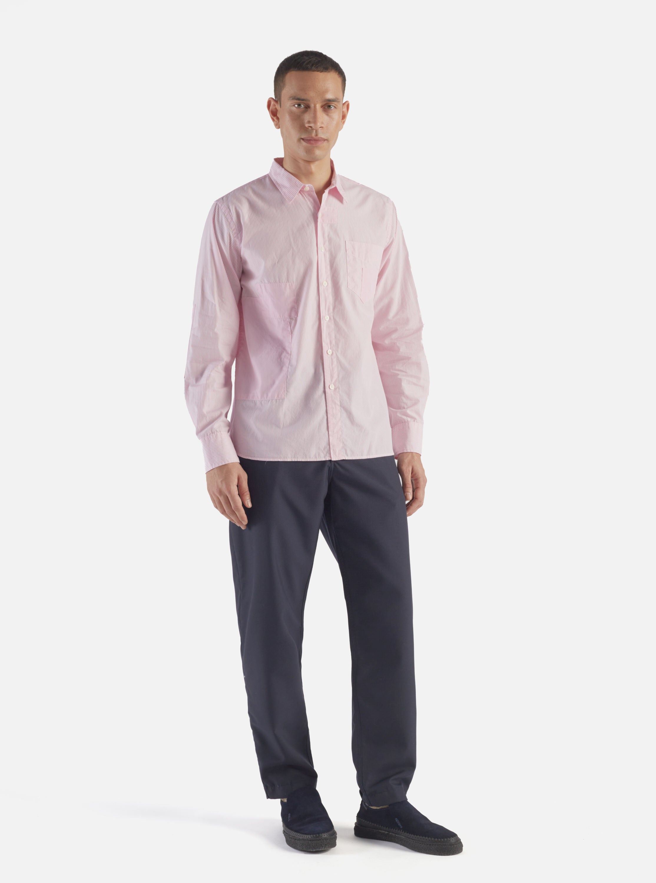 Universal Works Patched Shirt in Pink Stripe Mixed Classics