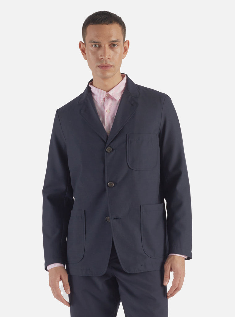 Universal Works Three Button Jacket in Navy Tropical Suiting