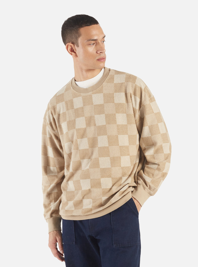 Universal Works Loose Sweatshirt in Sand Checkboard Towelling