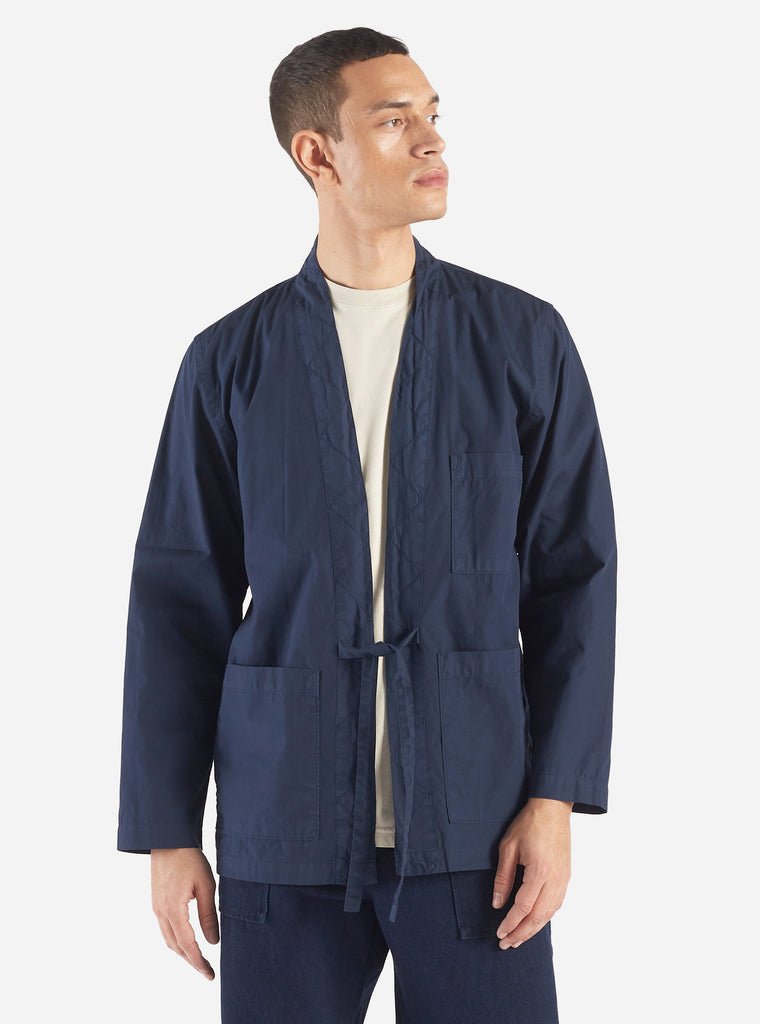 Universal Works Tie Front Jacket in Navy Organic Fine Poplin