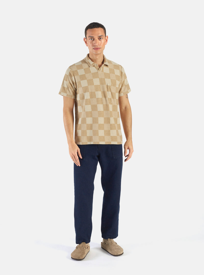 Universal Works Vacation Polo in Sand Checkboard Towelling
