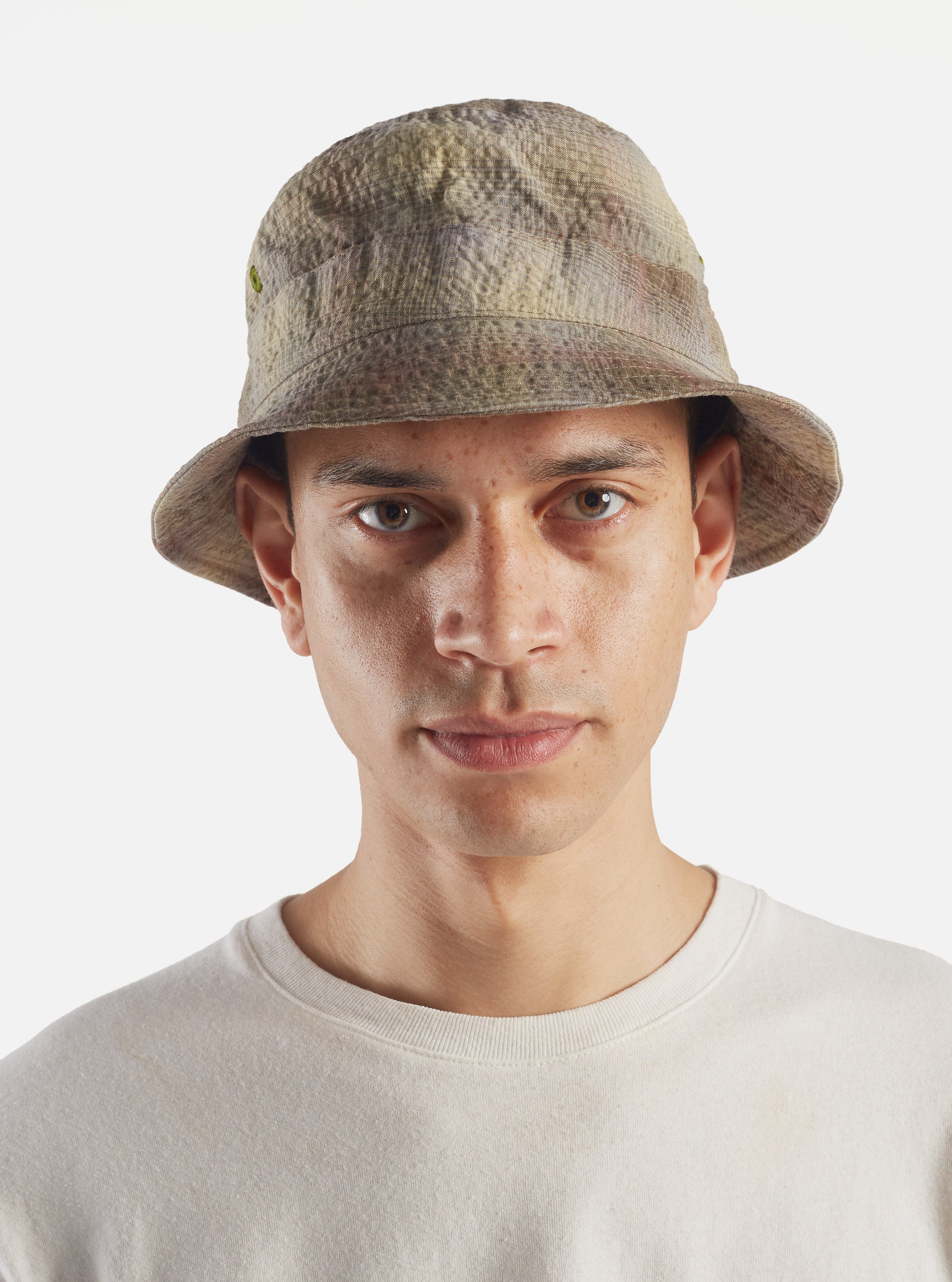 Universal Works Bucket Hat in Olive Portuguese Check Seersucker