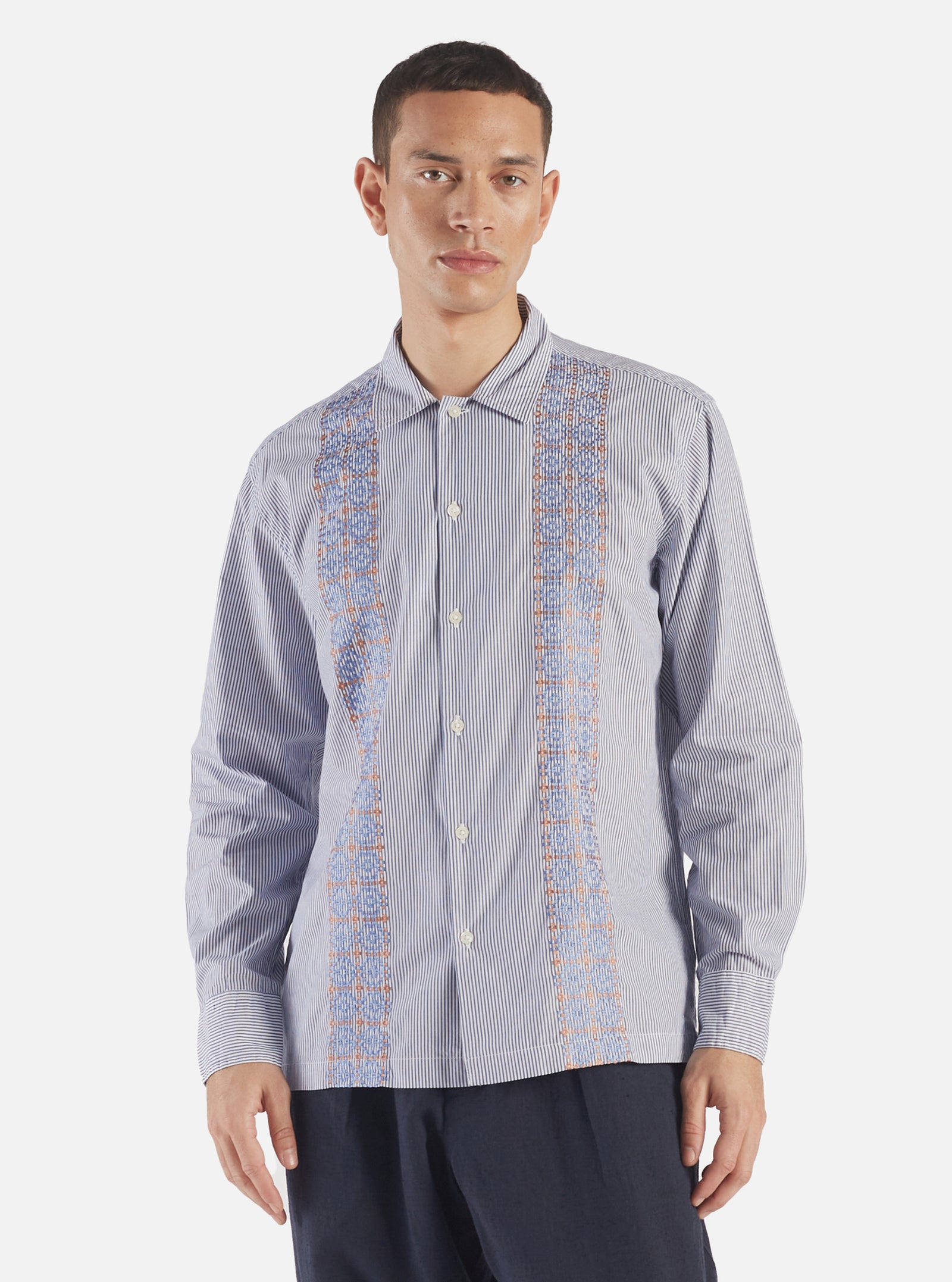 Universal Works Embroidered Shirt in Blue Classic Shirting
