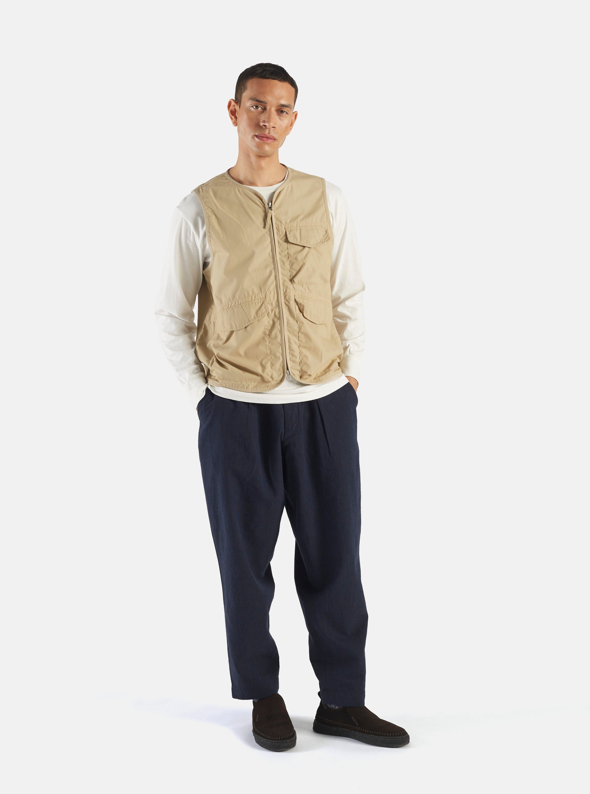 Universal Works Pleated Track Pant in Navy Lord Cotton Linen