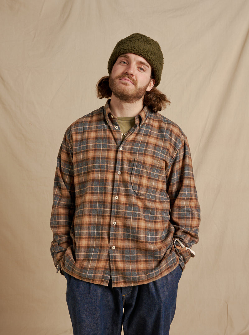 Universal Works Lazy Day Shirt in Brown/Grey Brushed Twill Check