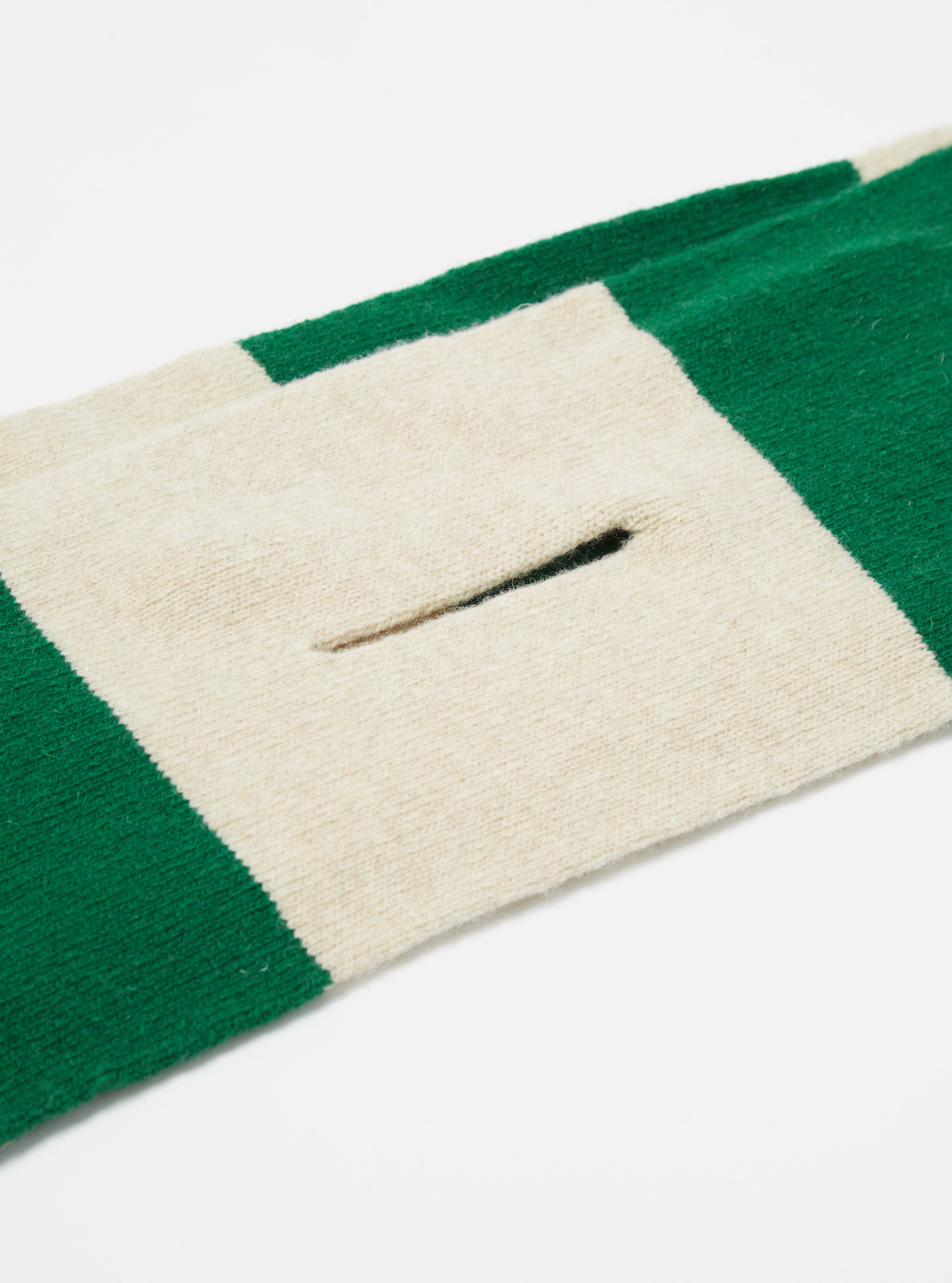 Universal Works Deluxe Football Scarf in Beige/Green Soft Wool