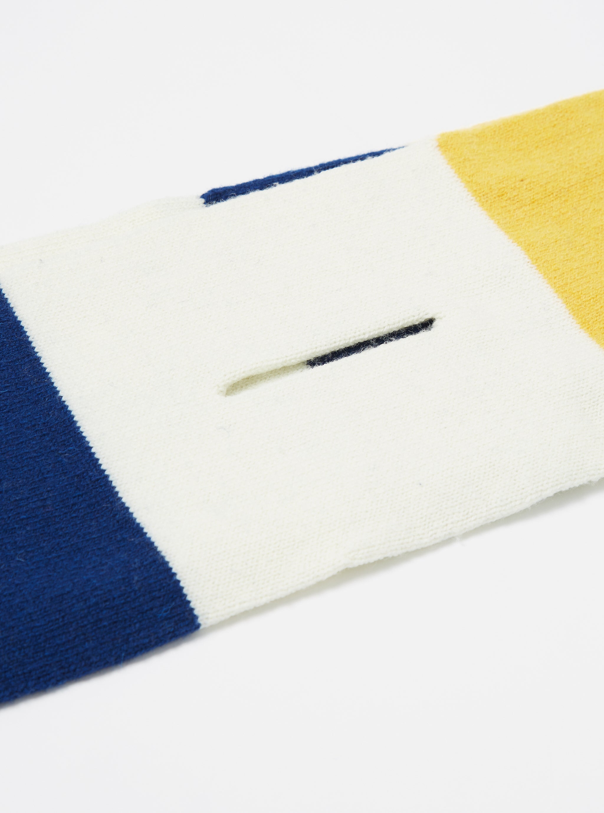 Universal Works Deluxe Football Scarf in Ecru/Yellow/Blue Soft Wool