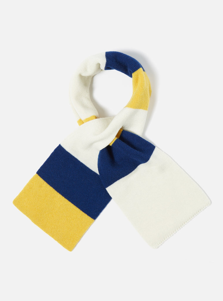 Universal Works Deluxe Football Scarf in Ecru/Yellow/Blue Soft Wool