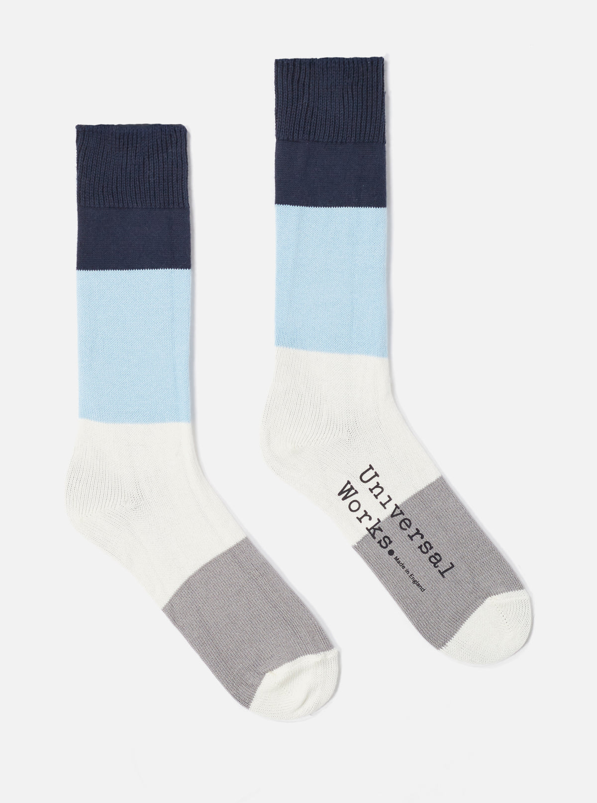 Universal Works Bold Stripe Sock in Navy/Sky Cotton