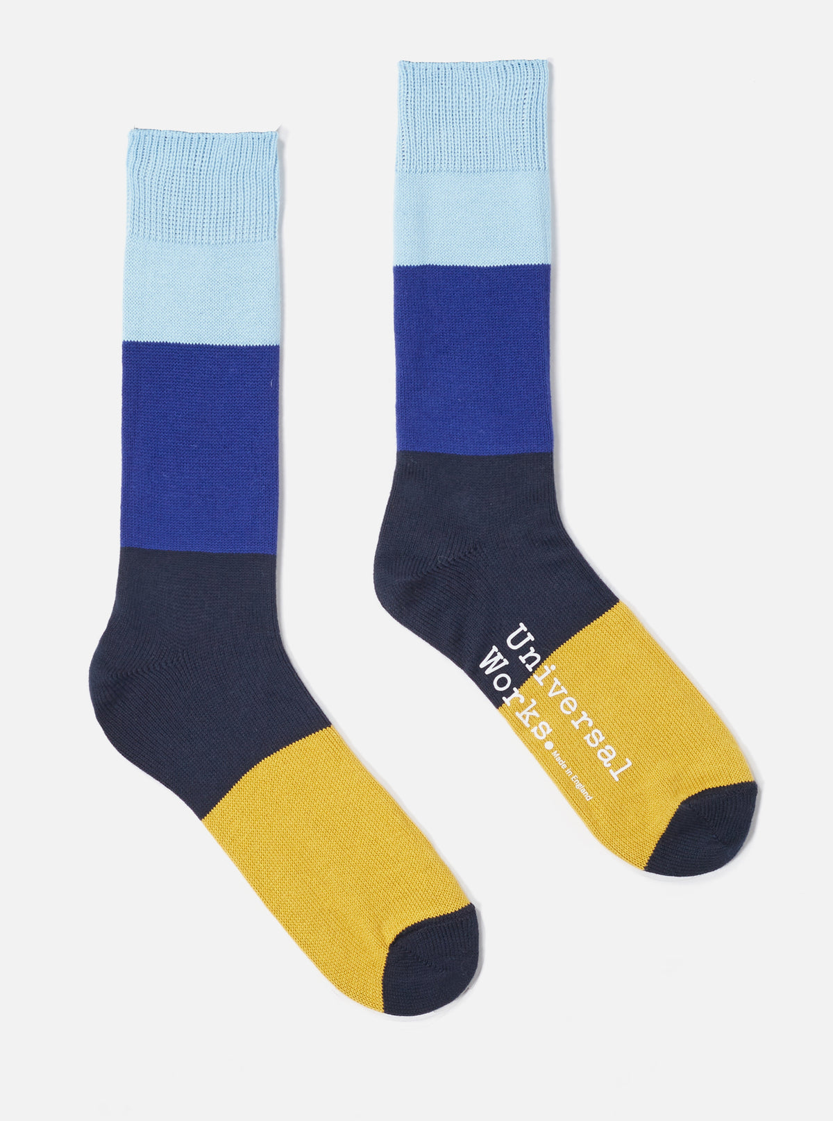 Universal Works Bold Stripe Sock in Sky/Indigo Cotton