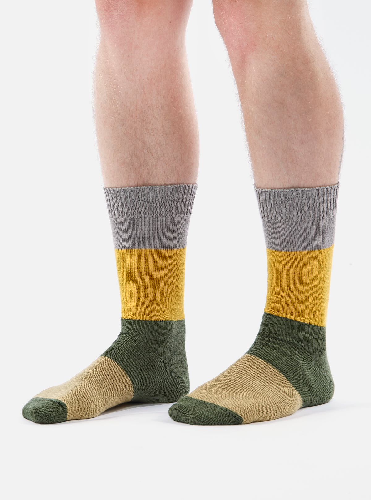 Universal Works Bold Stripe Sock in Grey/Gold Cotton