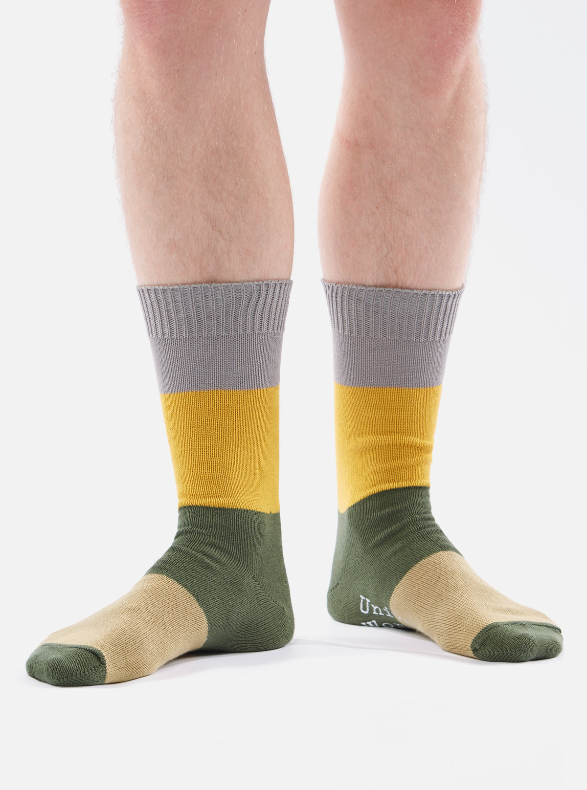 Universal Works Bold Stripe Sock in Grey/Gold Cotton