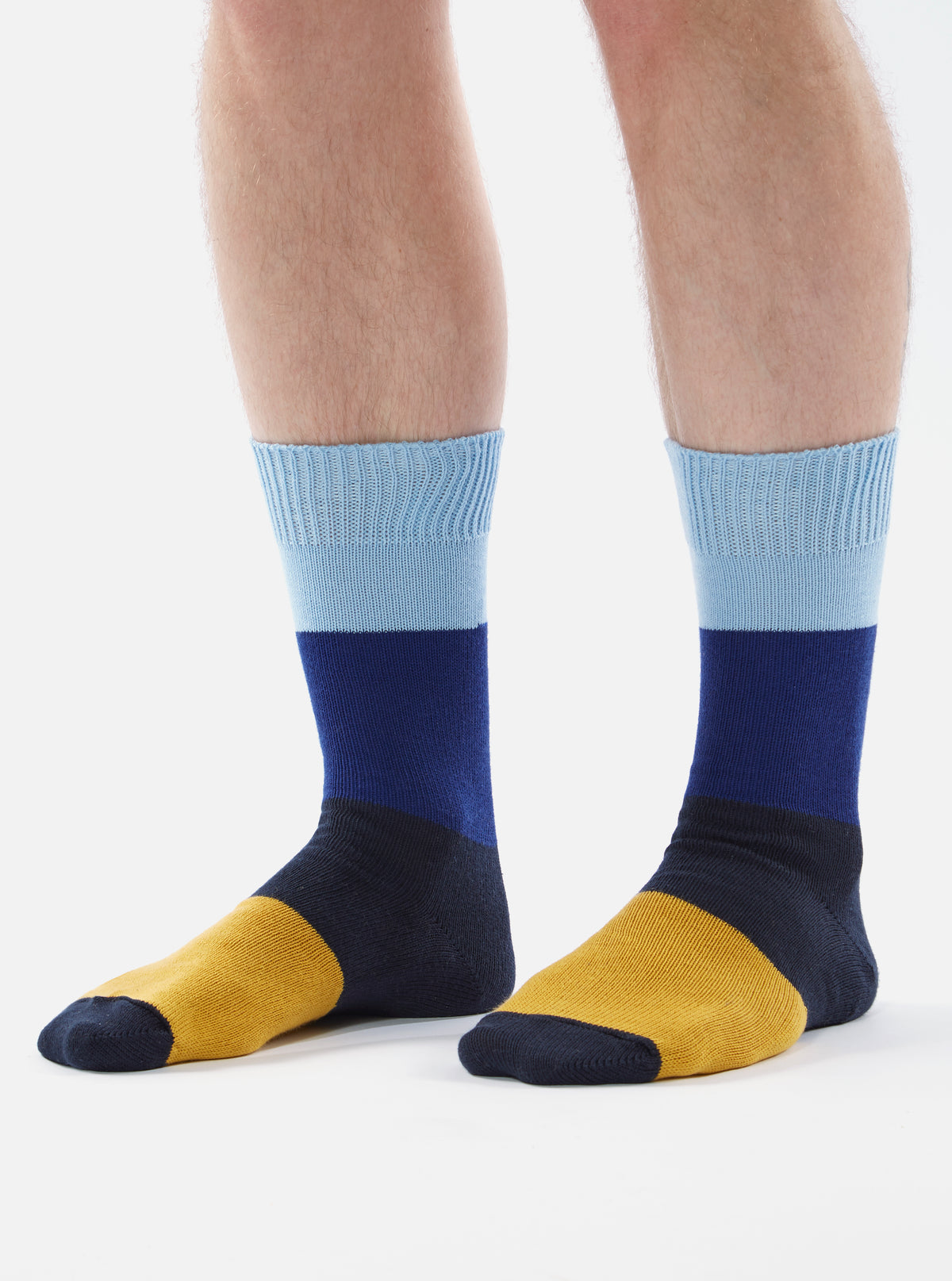 Universal Works Bold Stripe Sock in Sky/Indigo Cotton