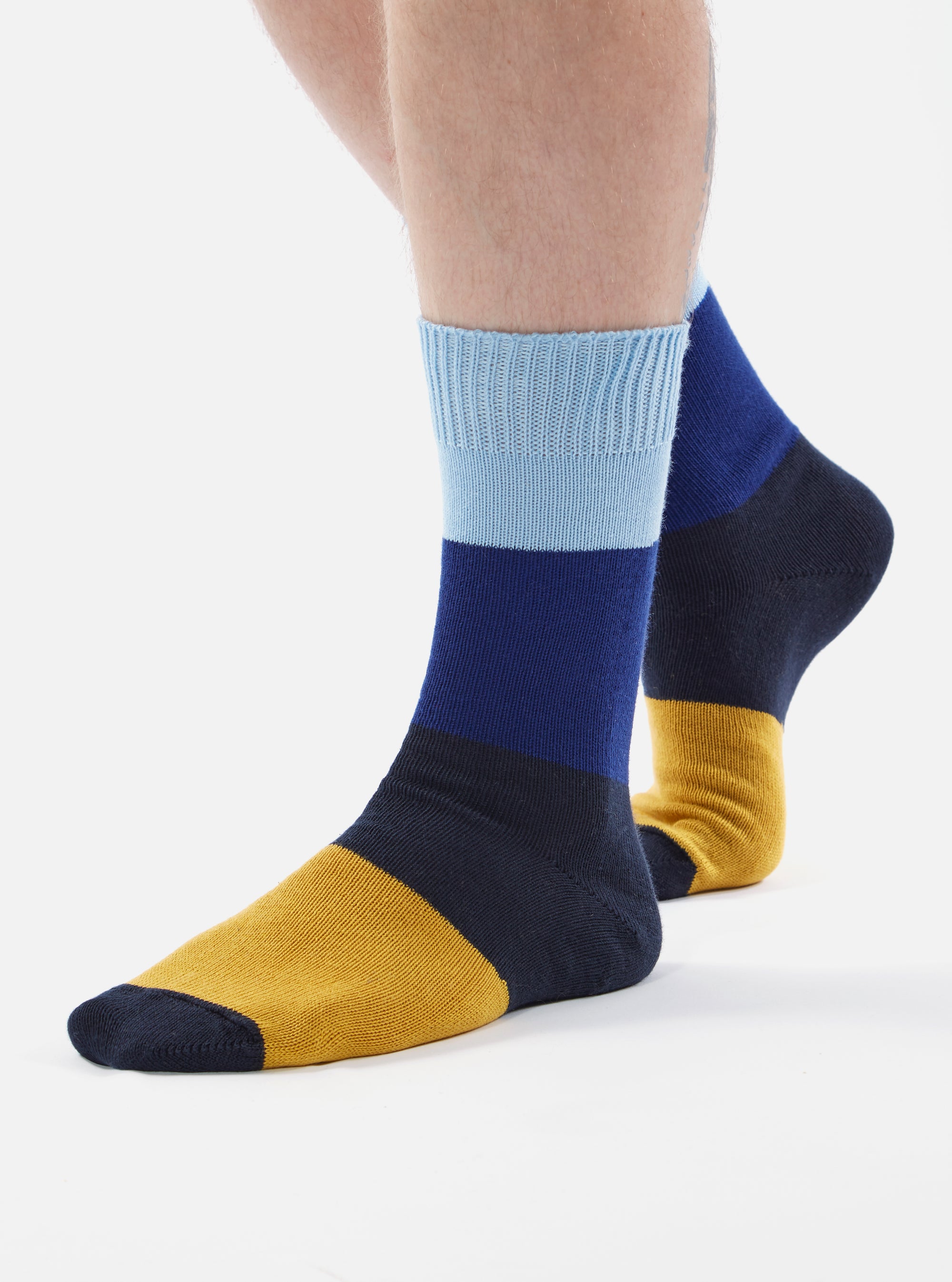 Universal Works Bold Stripe Sock in Sky/Indigo Cotton