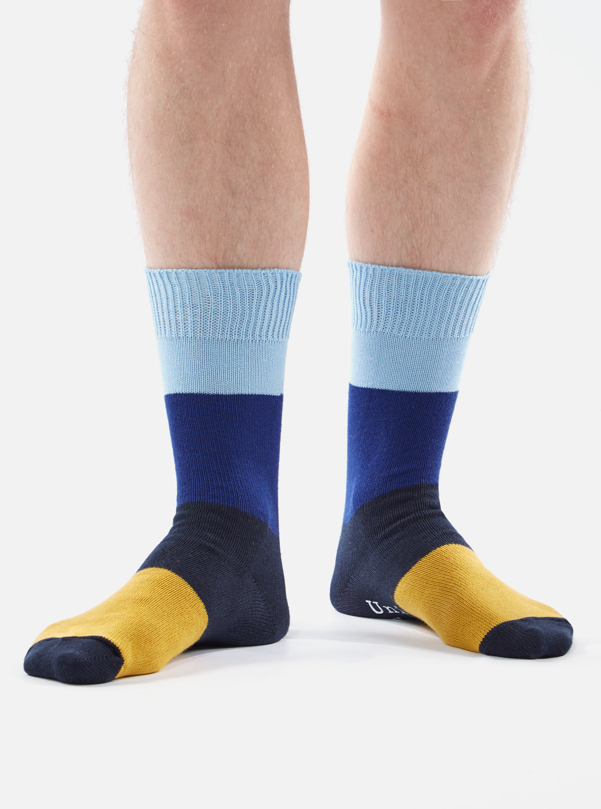 Universal Works Bold Stripe Sock in Sky/Indigo Cotton