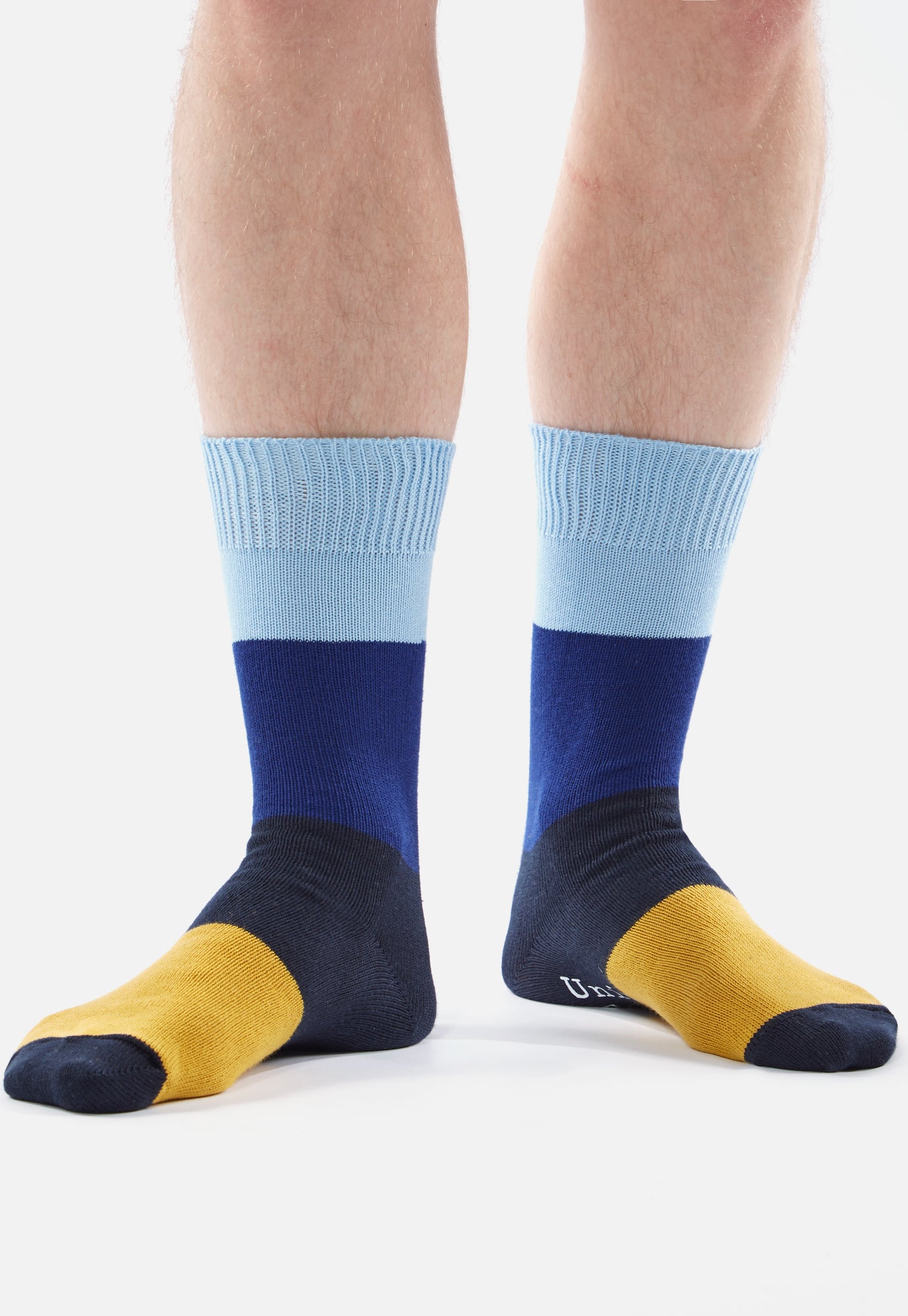 Universal Works Bold Stripe Sock in Sky/Indigo Cotton