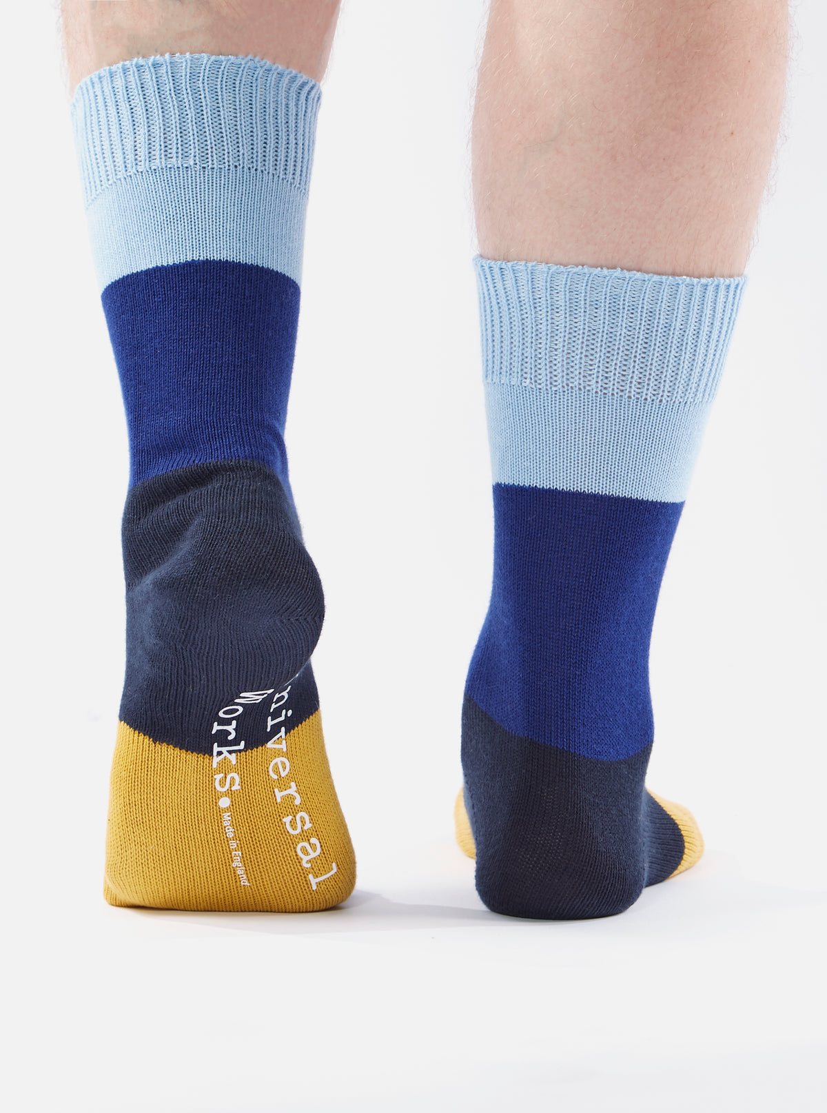 Universal Works Bold Stripe Sock in Sky/Indigo Cotton