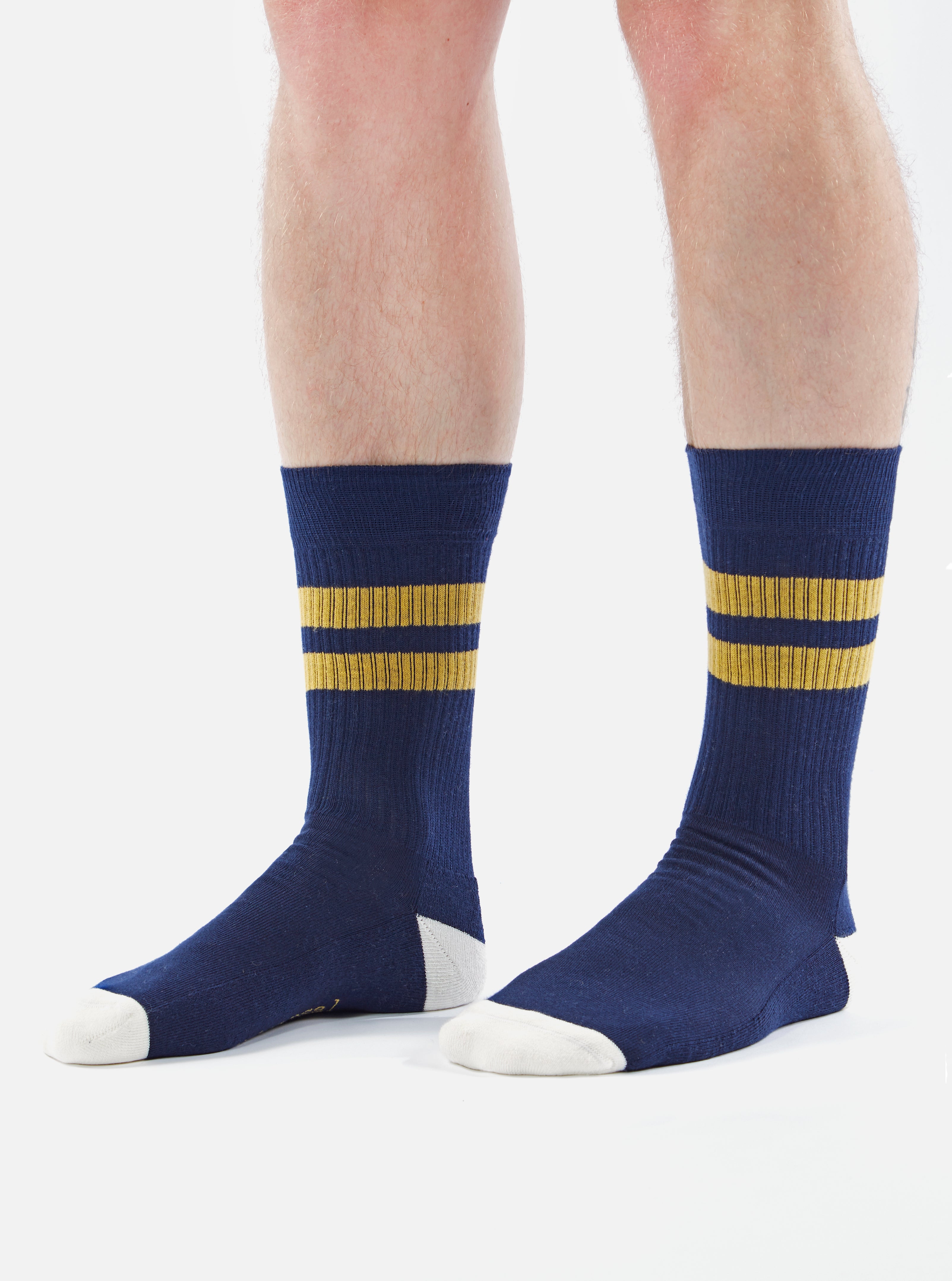 Universal Works Sport Sock in Navy/Yellow Cotton Rib