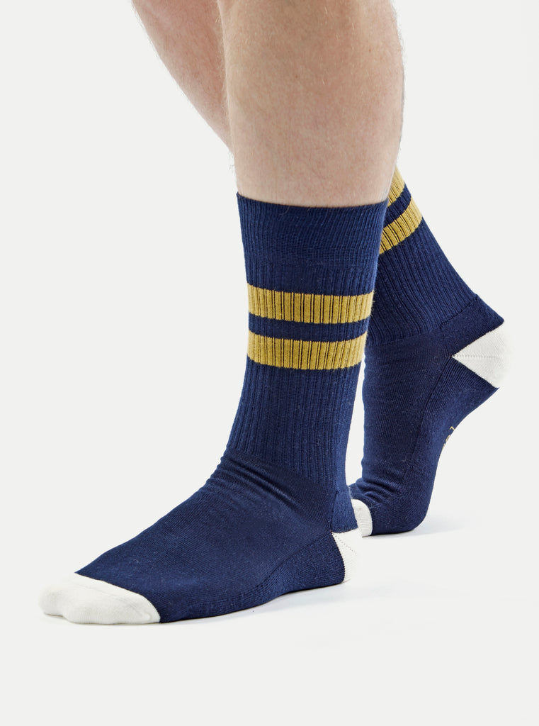 Universal Works Sport Sock in Navy/Yellow Cotton Rib